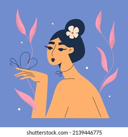 Young beautiful African American Asian woman with a flower in her hair. Women's mental health. Beauty of nature. Self-care, love, well-being. Women's day vector illustration.