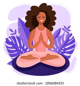 Young Beautiful African American Black Woman Sitting In Lotus With Purple Tropical Monstera Leaves On The Background. Yoga Concept Vector Illustration.