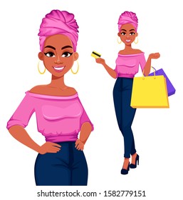 Young beautiful African American business woman, set of two poses. Cute businesswoman cartoon character. Vector illustration on white background