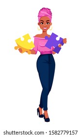 Young beautiful African American business woman holding two pieces of puzzle. Cute businesswoman cartoon character. Vector illustration on white background