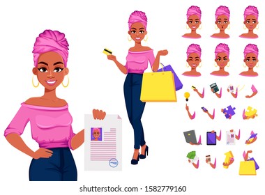 Young beautiful African American business woman, pack of body parts, emotions and things. Cute businesswoman cartoon character. Build your personal design. Vector illustration