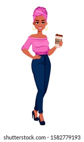 Young beautiful African American business woman holding a cup of coffee. Cute businesswoman cartoon character. Vector illustration on white background