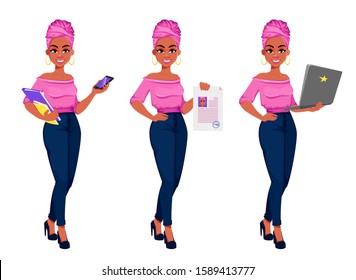 Young beautiful African American business woman, set of three poses. Cute businesswoman cartoon character holding smartphone, holding resume and holding laptop. Vector illustration