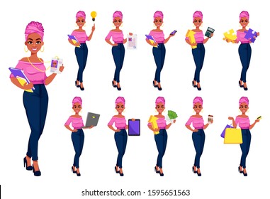 Young beautiful African American business woman, set of eleven poses. Cute businesswoman cartoon character. Vector illustration