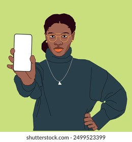 A young beautiful African American lady showing her mobile phone screen wearing glasses