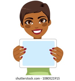 Young beautiful African American woman holding tablet