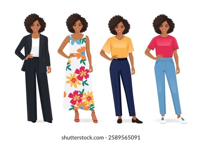 Young beautiful African American woman with afro hairstyle wearing different casual and business style clothes set isolated vector illustration