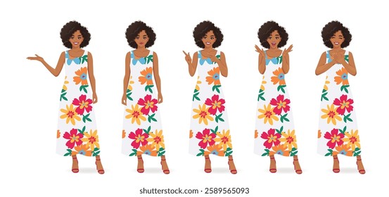 Young beautiful African American woman with afro hairstyle wearing colorful summer flower print dress standing with different gestures. Isolated vector illustration 