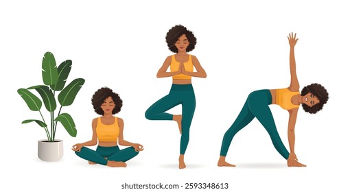 Young beautiful African American woman practicing yoga in different poses. Isolated vector illustration set