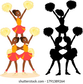 Young beautiful african cheerleaders pyramid, women team in red with pom-poms, vector illustration with black silhouette