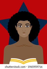 Young beautiful African girl in a white swimsuit on a red background with a blue star. Vector portrait.