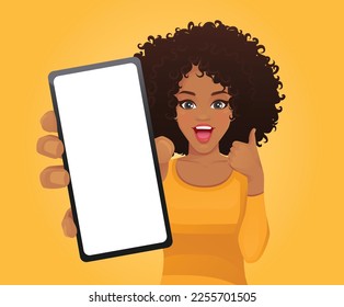 Joven hermosa mujer africana mostrando gesto de pulgar arriba y ilustración vectorial en pantalla de teléfono en blanco 