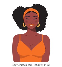 A young, beautiful African-American woman with curly black hair isolated on a white background.  Vector illustration