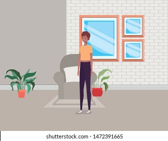 young and beautiful afro girl character in the house