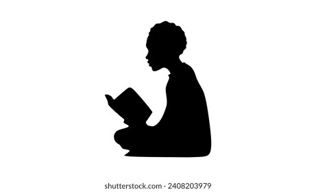 Young beautiful afro woman woman reading book, black isolated silhouette