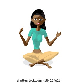 Young beautiful afro woman sitting in yoga pose. Flat cartoon isolated vector illustration