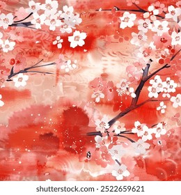 Young Beautiful Artistic Japanese Cherry Blossoms Kimono Yukata Pink Red White Sakura Colorful Seamless Pattern Wallpaper Curtain Bedding Background Upholstery Gift Wrapping Paper Vector 
