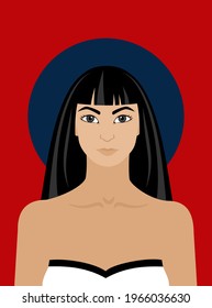 Young beautiful Asian girl in a white swimsuit on a red background with a blue circle. Ethnic brunette woman. Vector portrait.