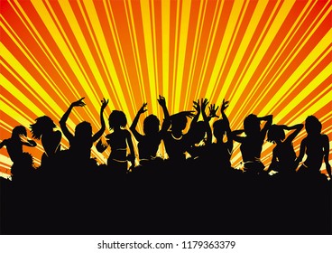 Young beautiful audience. Dancing in a nightclub. Elegant template with young detailed silhouettes of woman. Vector illustration for print or background