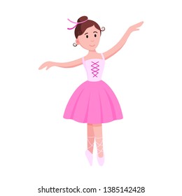 Young beautiful ballerina dressed in tutu and pointe shoes standing at the pose flat style design vector illustration isolated on white background, Elegant young female character of classic ballet.