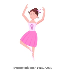 Young beautiful ballerina dressed in tutu and pointe shoes standing at the pose flat style design vector illustration isolated on white background, Elegant young female character of classic ballet.