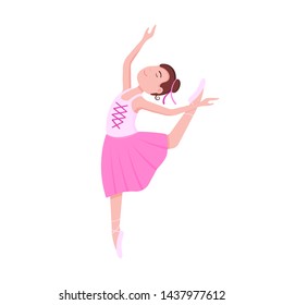 Young beautiful ballerina dressed in tutu and pointe shoes standing at the pose flat style design vector illustration isolated on white background, Elegant young female character of classic ballet.