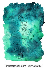 Young and beautiful ballerina on a green watercolor background. Watercolor vector illustration