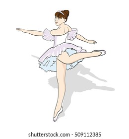 Young beautiful ballerina is posing and dancing. Hand drawn illustration, vector.