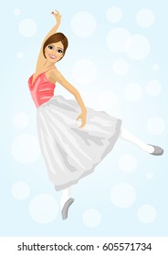 Young beautiful ballerina posing and dancing on blue bokeh background