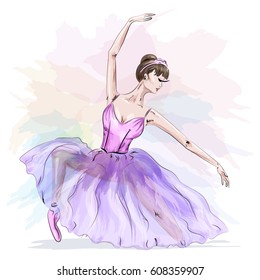 Young and beautiful ballerina posing and dancing in fashion pink dress. Vector illustration.
