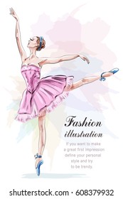 Young and beautiful ballerina posing and dancing in fashion pink dress. Vector illustration. 