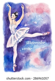 Young and beautiful ballerina in white tutu. Watercolor vector illustration