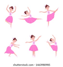 Young beautiful ballerinas set dressed in tutu and pointe shoes standing at the pose flat style design vector illustration isolated on white background. Elegant young character of classic ballet.