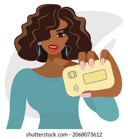 Young beautiful black african american woman smiling, showing wifi bonus card for online payment. Happy girl with a bonus card. Vector isolated illustration with place for text. Cartoon flat design.