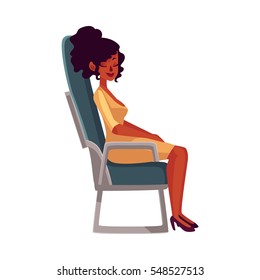 Young beautiful black, African woman seating in airplane, economy class, cartoon vector illustration on white background. Woman seating, sleeping in economy class, airplane passenger, side view