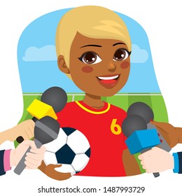 Young beautiful black female soccer player in front of reporters hands holding microphones for an interview