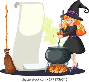 Young beautiful with black magic pot and broomstick and blank banner paper cartoon style isolated on white background illustration