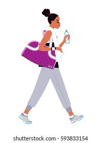Young beautiful black skin woman wearing fitness outfit carrying big sport bag and drinking bottle of the water. Vector illustration.