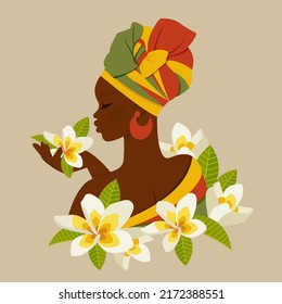 Joven hermosa mujer negra. Niña afroamericana con flores de plumería. Carácter étnico femenino con traje nacional. Retrato arte. Dibujo vectorial plano Ilustración para avatar, moda, tarjeta