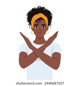 Young beautiful black woman cross arms. Flat Vector Illustration Isolated on White Background