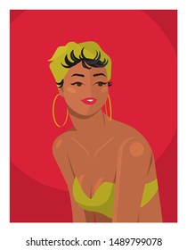 Young beautiful black woman with a headscarf tied on her head and a light green swimsuit in vintage style. Big earrings rings. Very cute, playful and flirty. Vector flat illustration.