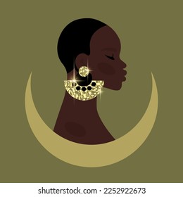 Young beautiful black woman. Portrait of african girl with short hair, gold mosaic earrings and moon. Portrait art. Side view. Vector flat Illustration for avatar, fashion, beauty industry, jewellery