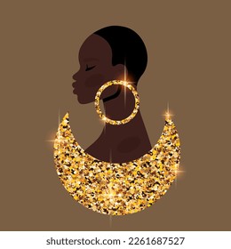 Young beautiful black woman. Portrait of african girl with short hair, gold glitter earrings and moon. Portrait art. Side view. Vector flat Illustration for avatar, fashion, beauty industry, jewellery