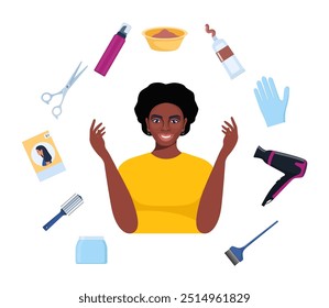 Young beautiful black woman and professional hairdressing and hair coloring tools. Tools and cosmetic products for hair care. Elements for beauty salon. Vector illustration