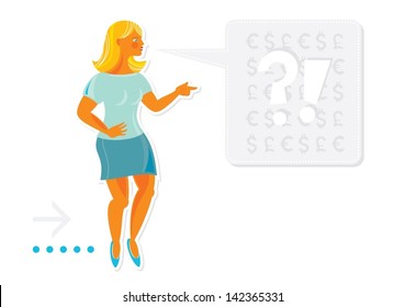 young beautiful blond caucasian type woman question and answer during planning how to spend some money colorful illustration isolated on white background
