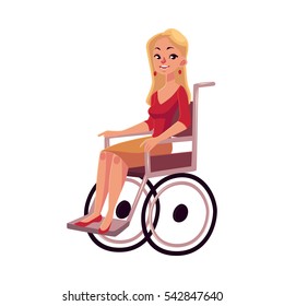 Young beautiful blond woman sitting in wheelchair, cartoon vector illustration isolated on white background. Happy woman sitting in wheelchair, living with disability, equal opportunities concept