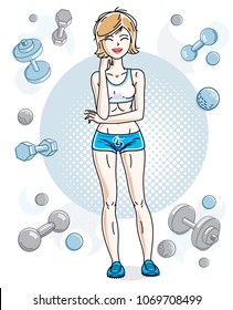 Young beautiful blonde athletic woman posing on simple background with dumbbells and barbells. Vector illustration of attractive female.  Active and healthy lifestyle theme cartoon.