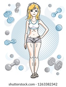 Young beautiful blonde athletic woman posing on simple background with dumbbells and barbells. Vector illustration of attractive female.  Active and healthy lifestyle theme cartoon.