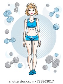 Young beautiful blonde athletic woman posing on simple background with dumbbells and barbells. Vector illustration of attractive female.  Active and healthy lifestyle theme cartoon.