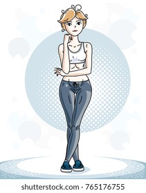 Young beautiful blonde athletic woman posing. Vector illustration of attractive female wearing leggings and T-shirt.  Active and healthy lifestyle theme cartoon.